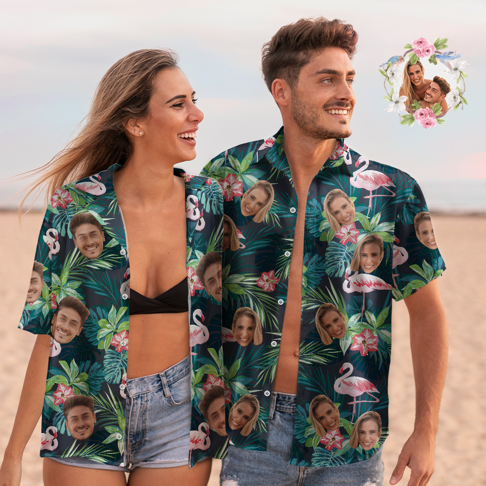 Custom Face Couple Matching Hawaiian Shirts Flamingo Flower Valentine's Day Gift - auphotoblanket