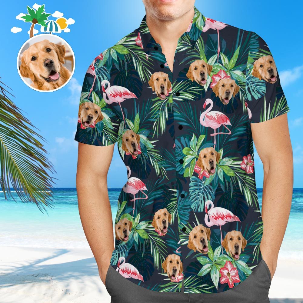 Custom Face Hawaiian Shirt All Over Print Flamingo Flowers And Leaves Custom Dog Photo Button up Shirts