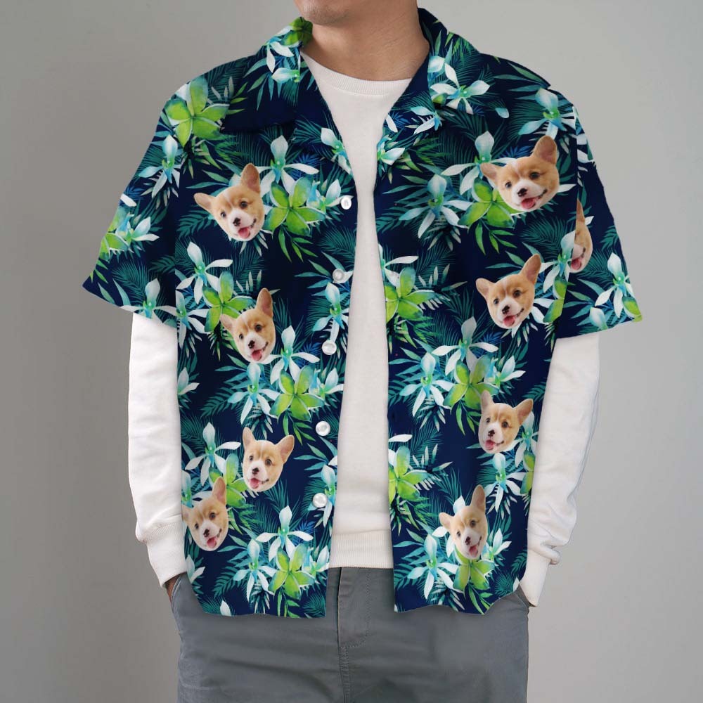 Custom Hawaiian Shirt with Face Custom Dog Face Hawaiian Shirt Leaves Tropical Shirts - auphotoblanket