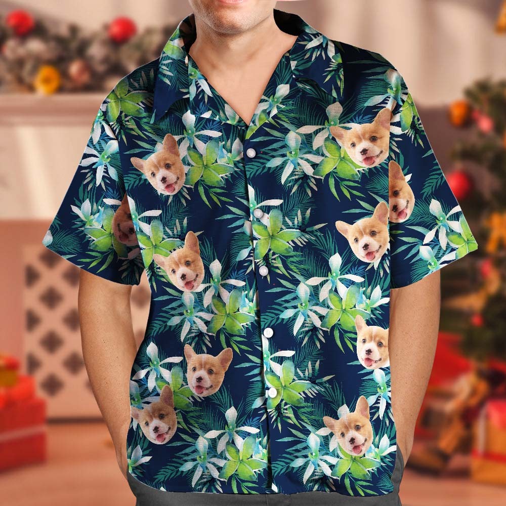 Black Friday Custom Hawaiian Shirt with Face Custom Dog Face Hawaiian Shirt Leaves Tropical Shirts for Christmas - auphotoblanket