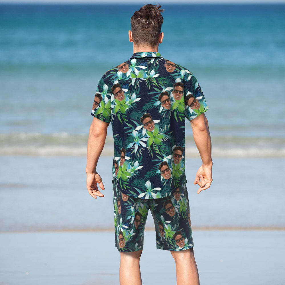 Custom Face Hawaiian Shirt And Beach Shorts  Personalized Men's Photo Tropical Leaves  Vacation Party Gift - auphotoblanket
