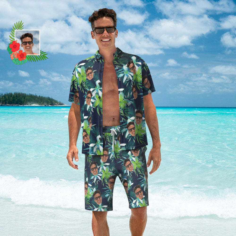 Custom Face Hawaiian Shirt And Beach Shorts  Personalized Men's Photo Tropical Leaves  Vacation Party Gift - auphotoblanket
