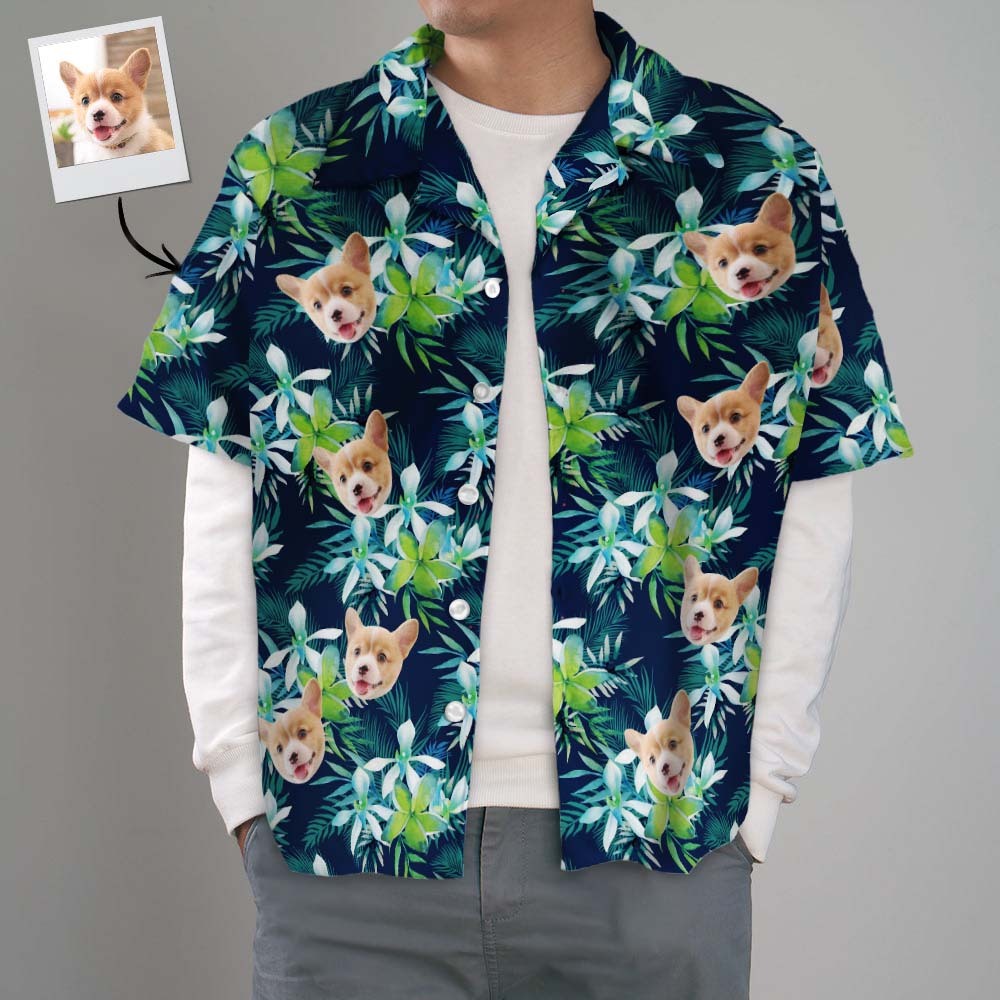 Custom Hawaiian Shirt with Face Custom Dog Face Hawaiian Shirt Leaves Tropical Shirts - auphotoblanket