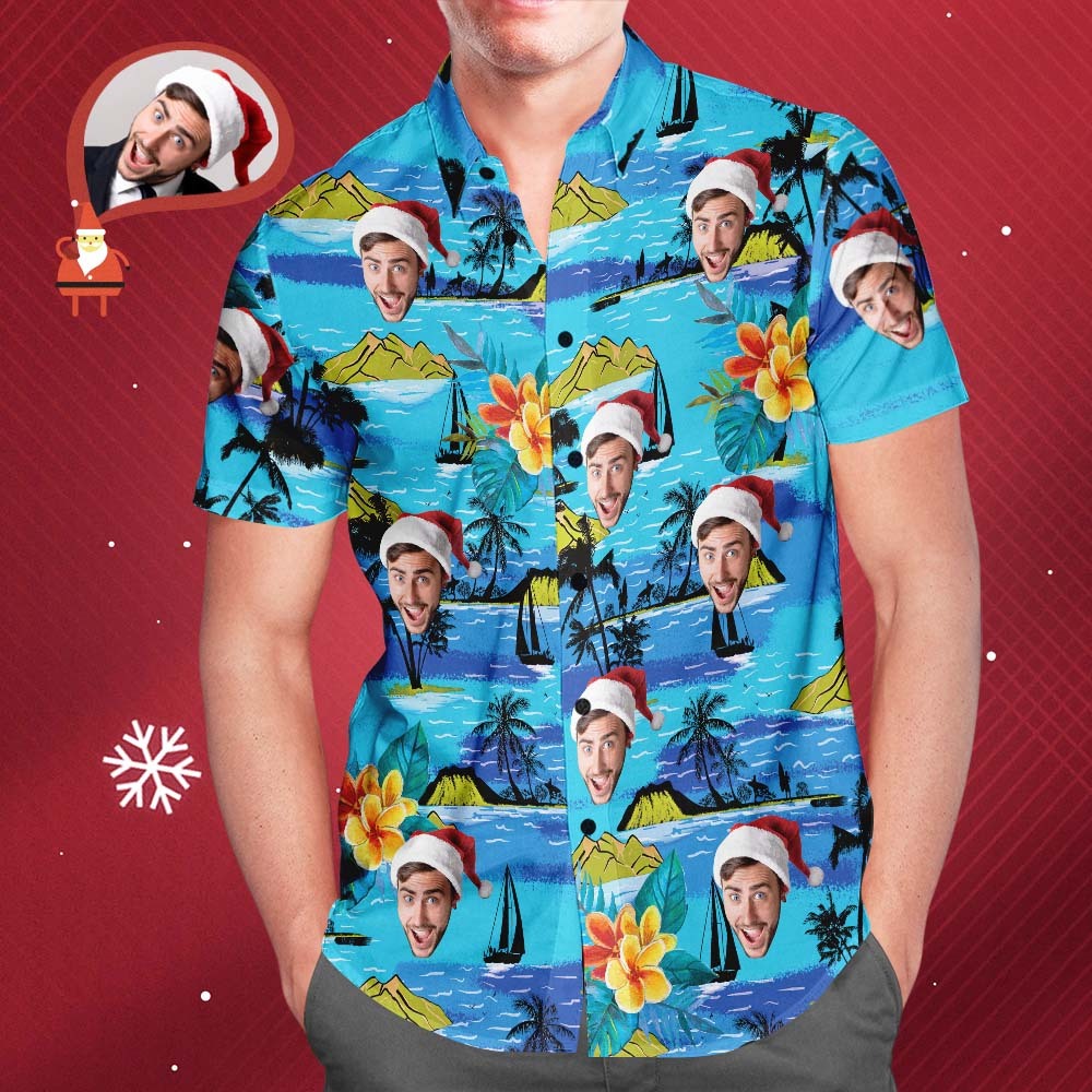 Custom Face Hawaiian Shirt Men's All Over Print Large Leaves Short Sleeve Shirt - auphotoblanket