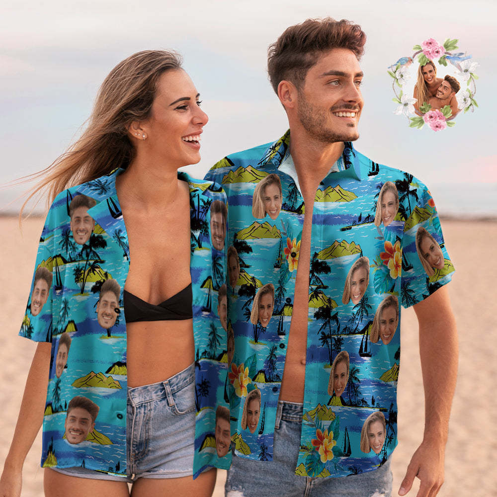 Custom Face Couple Matching Hawaiian Shirts Mountains Valentine's Day Gift - auphotoblanket