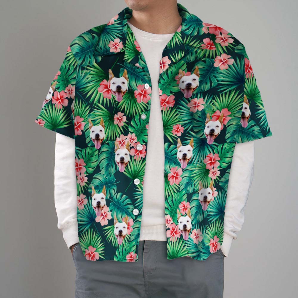 Custom Tropical Shirts Custom Dog Face Hawaiian Shirt Leaves & Flowers Shirt - auphotoblanket