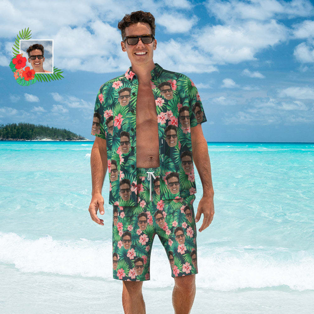 Custom Face Leaves & Flowers Hawaiian Shirt And Beach Shorts  Personalized Men's Photo All Over Print  Vacation Party Gift - auphotoblanket