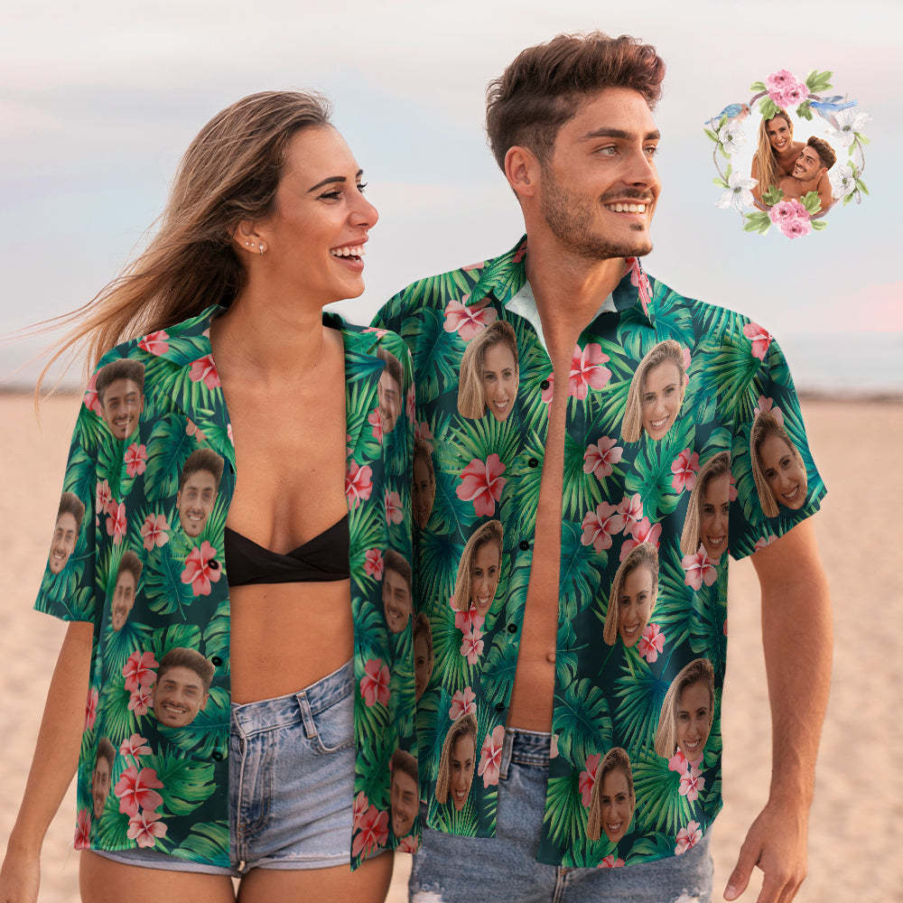Custom Face Couple Matching Hawaiian Shirts Red Flowers Valentine's Day Gift - auphotoblanket