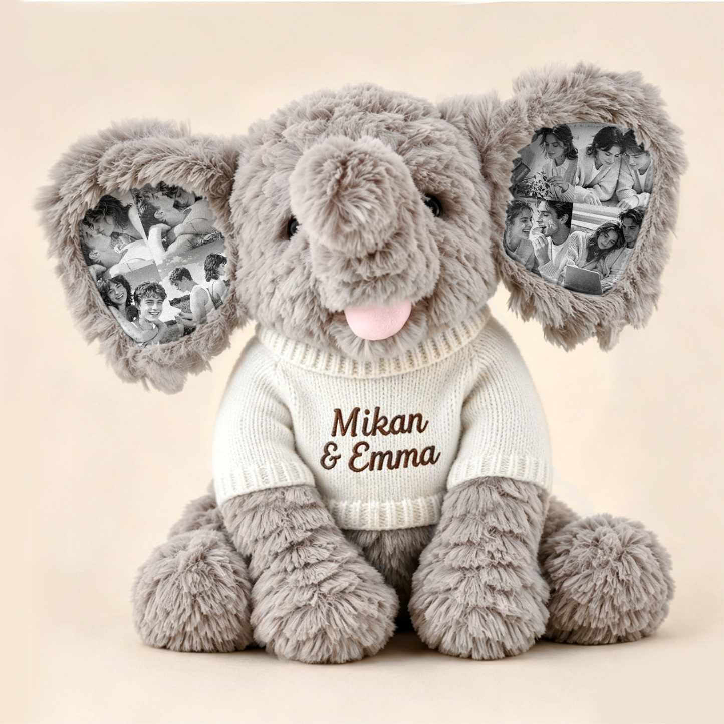 Custom Photo Elephant Plush – Personalized Ear Picture Elephant Gift for Couples Anniversary Gifts - auphotoblanket