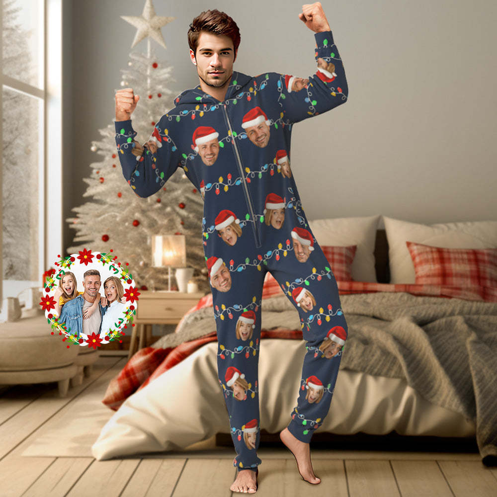 Custom Onesies Photo Xmas Leds Pajamas One-Piece Sleepwear Family Pyjamas Christmas Gift - auphotoblanket