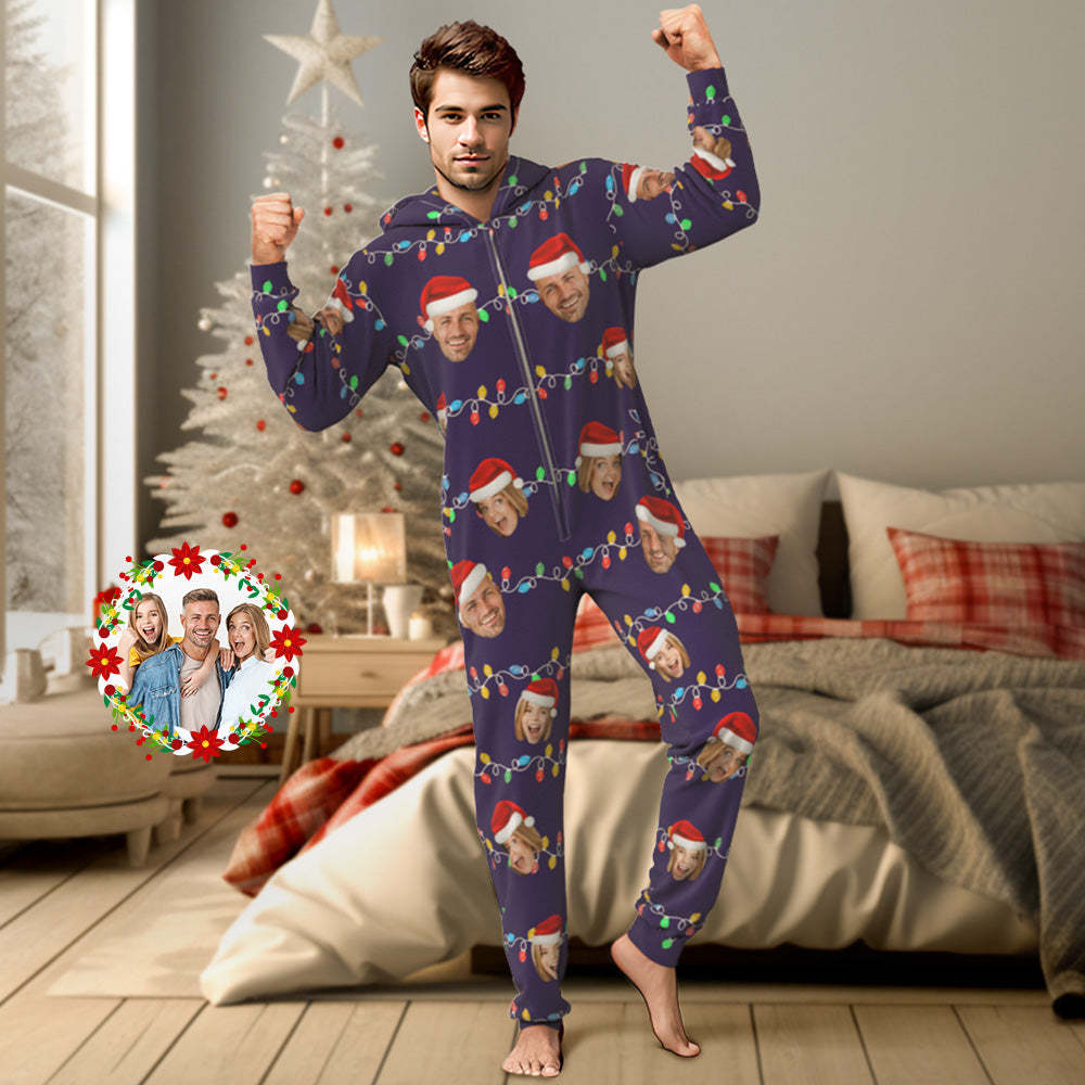 Custom Onesies Photo Xmas Leds Pajamas One-Piece Sleepwear Family Pyjamas Christmas Gift - auphotoblanket