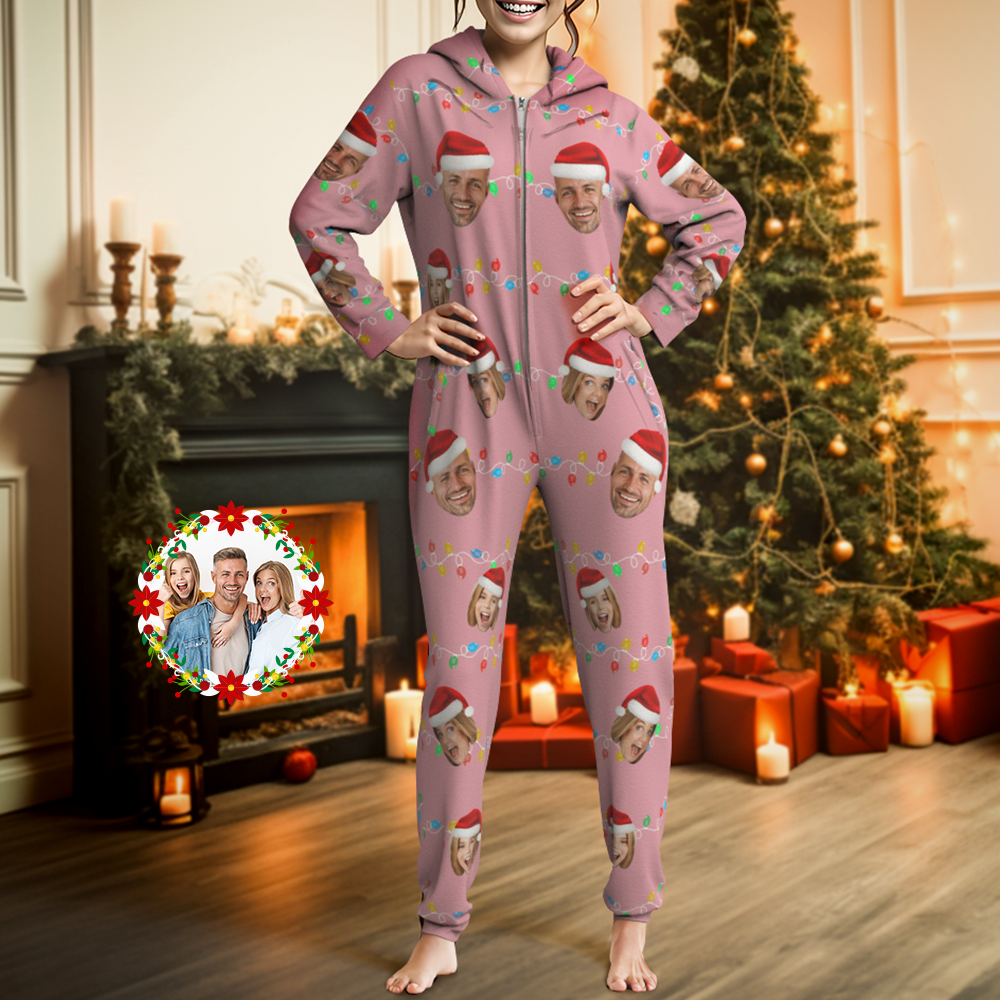 Custom Onesies Photo Xmas Leds Pajamas One-Piece Sleepwear Family Pyjamas Christmas Gift - auphotoblanket