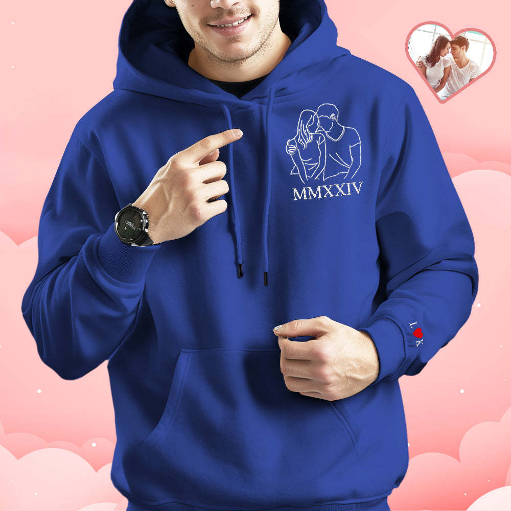 Custom Embroidered Photo Outline Hoodie With Roman Numerals Sweatshirt Gifts For Couples - auphotoblanket