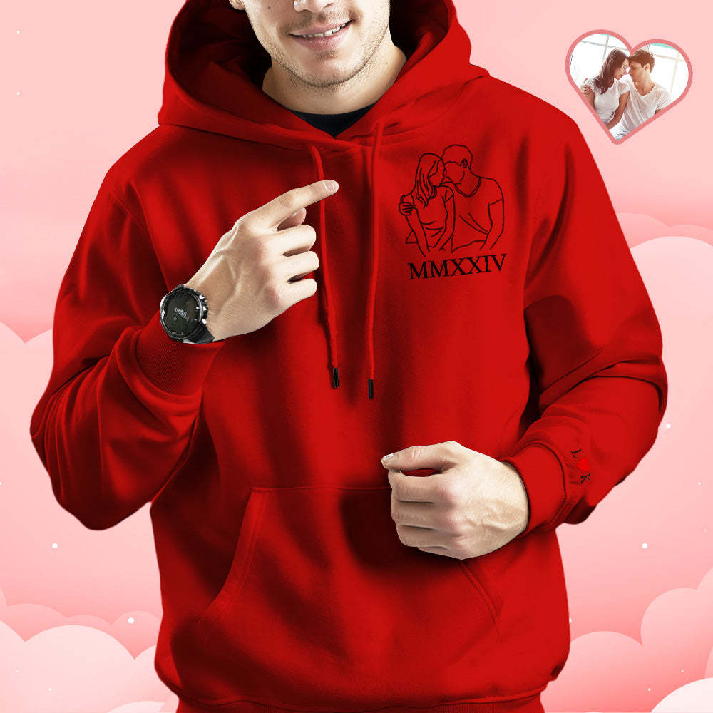 Custom Embroidered Photo Outline Hoodie With Roman Numerals Sweatshirt Gifts For Couples - auphotoblanket