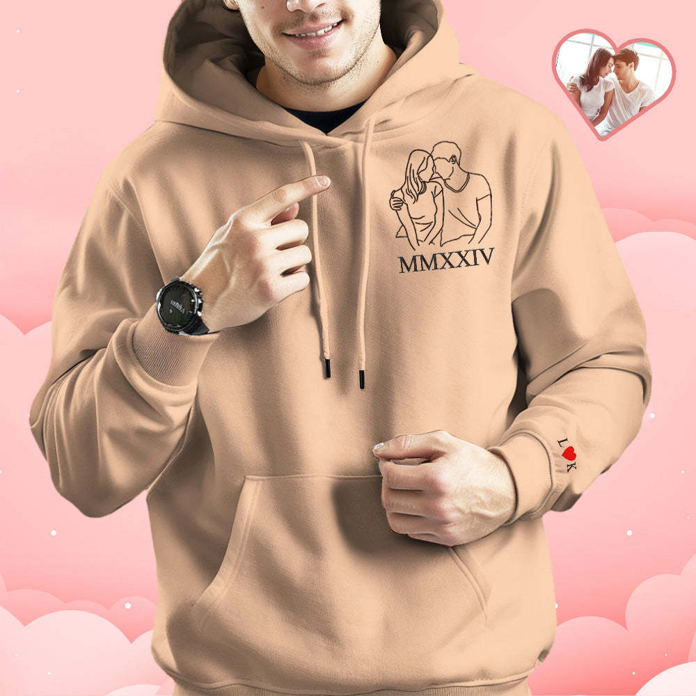 Custom Embroidered Photo Outline Hoodie With Roman Numerals Sweatshirt Gifts For Couples - auphotoblanket
