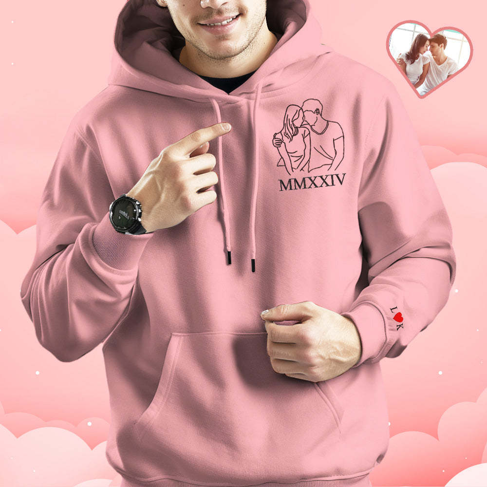 Custom Embroidered Photo Outline Hoodie With Roman Numerals Sweatshirt Gifts For Couples - auphotoblanket