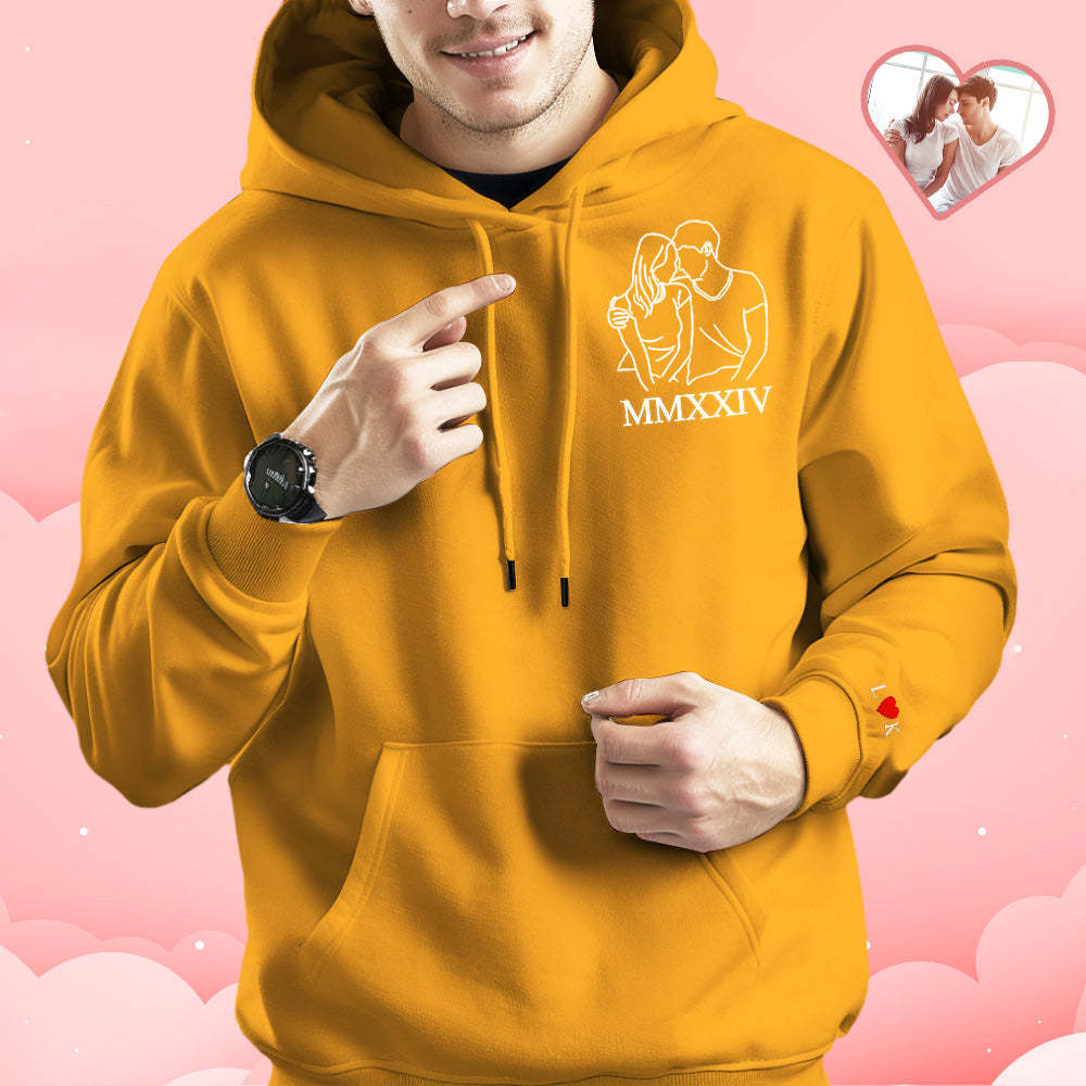 Custom Embroidered Photo Outline Hoodie With Roman Numerals Sweatshirt Gifts For Couples - auphotoblanket