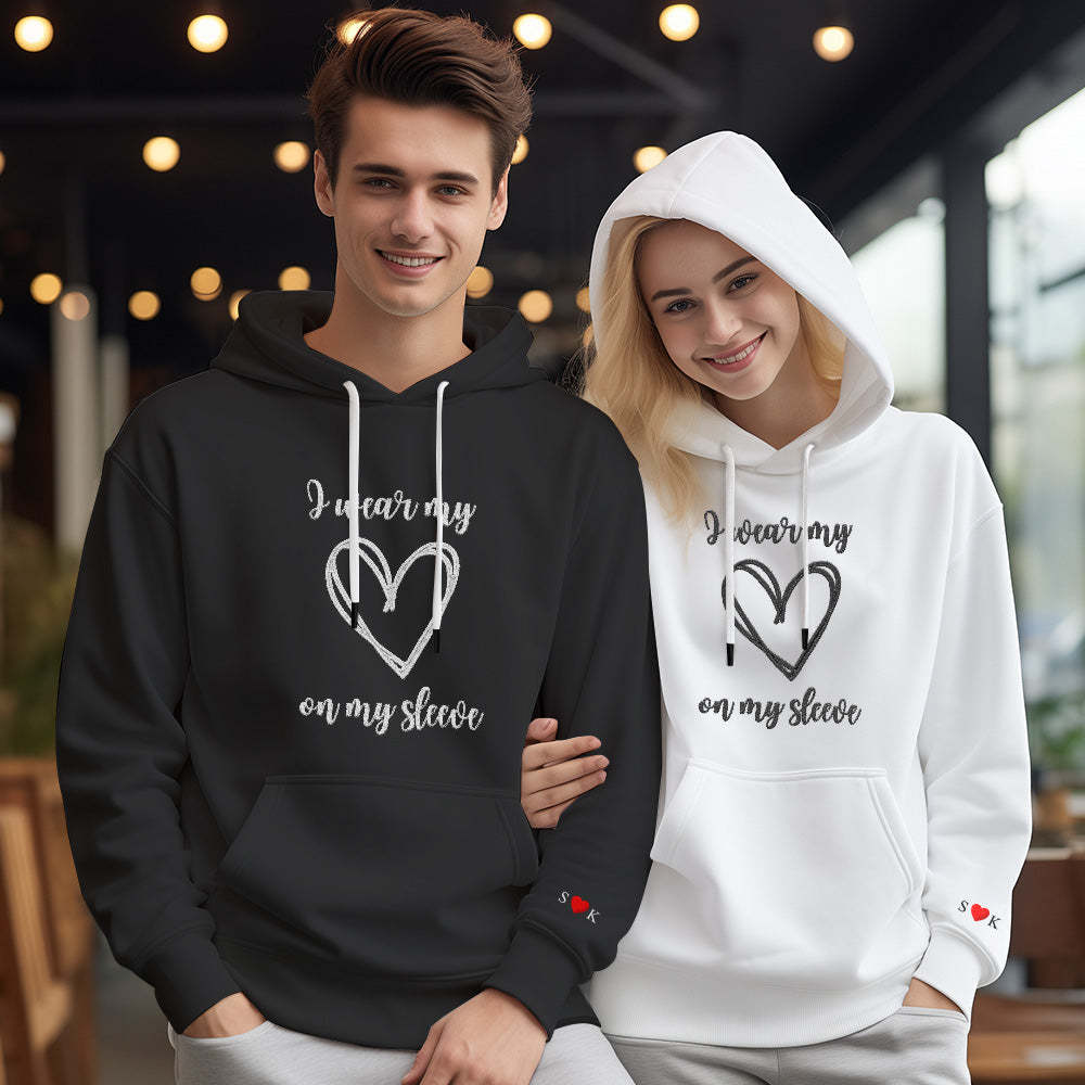 Personalized Embroidered Love Heart Hoodie Custom Text Sweatshirt Valentine Gift - auphotoblanket