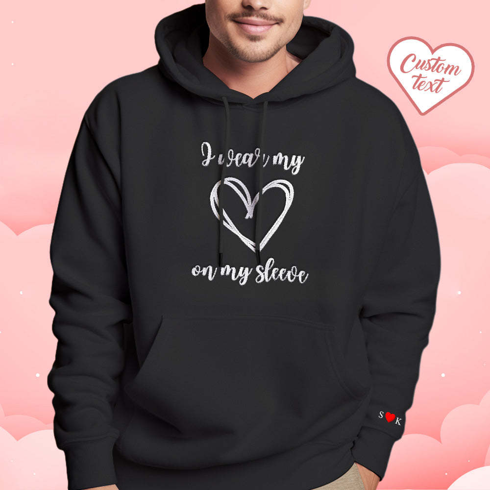 Personalized Embroidered Love Heart Hoodie Custom Text Sweatshirt Valentine Gift - auphotoblanket