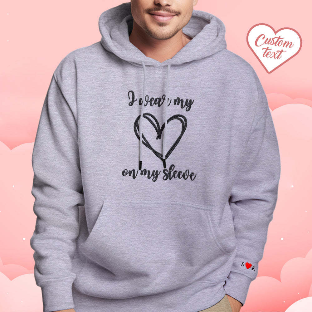 Personalized Embroidered Love Heart Hoodie Custom Text Sweatshirt Valentine Gift - auphotoblanket