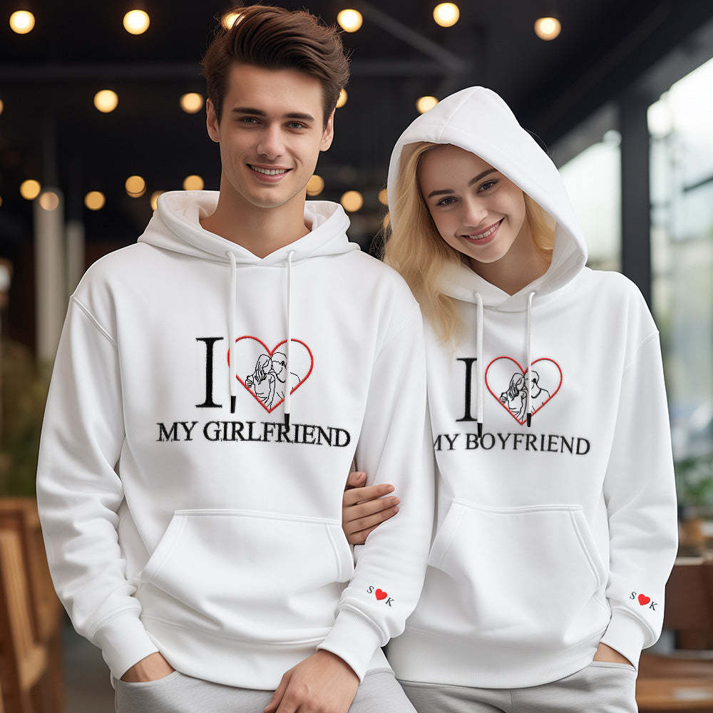 Personalized Embroidered Photo Outline Hoodie Red Heart Custom Picture Portrait Sweatshirt Valentine Gift - auphotoblanket