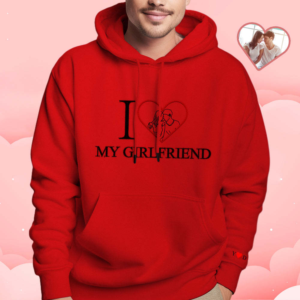 Personalized Embroidered Photo Outline Hoodie Red Heart Custom Picture Portrait Sweatshirt Valentine Gift - auphotoblanket
