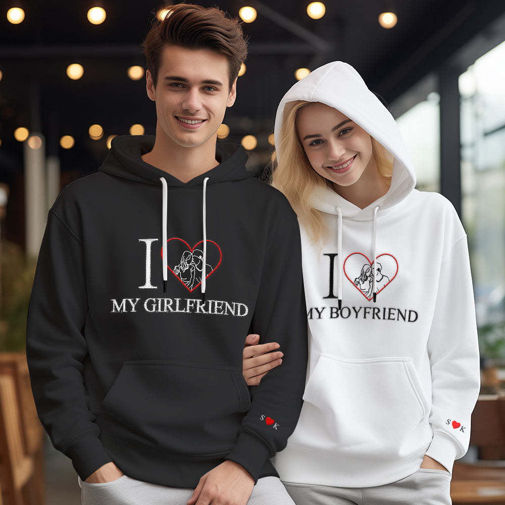 Personalized Embroidered Photo Outline Hoodie Red Heart Custom Picture Portrait Sweatshirt Valentine Gift - auphotoblanket