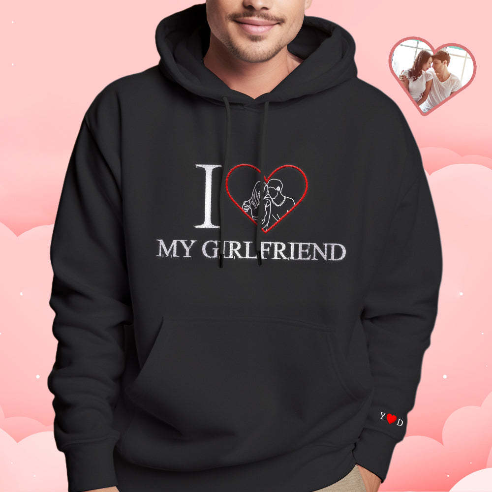 Personalized Embroidered Photo Outline Hoodie Red Heart Custom Picture Portrait Sweatshirt Valentine Gift - auphotoblanket