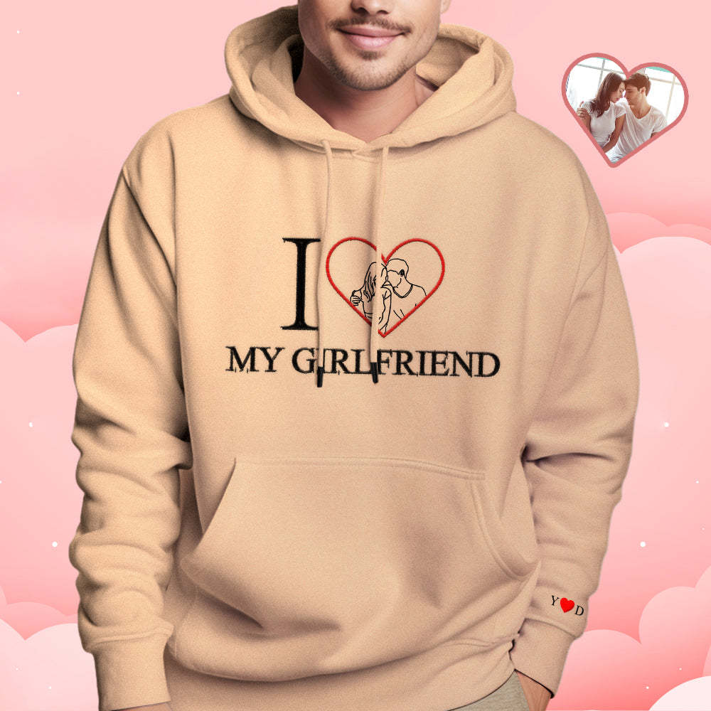 Personalized Embroidered Photo Outline Hoodie Red Heart Custom Picture Portrait Sweatshirt Valentine Gift - auphotoblanket