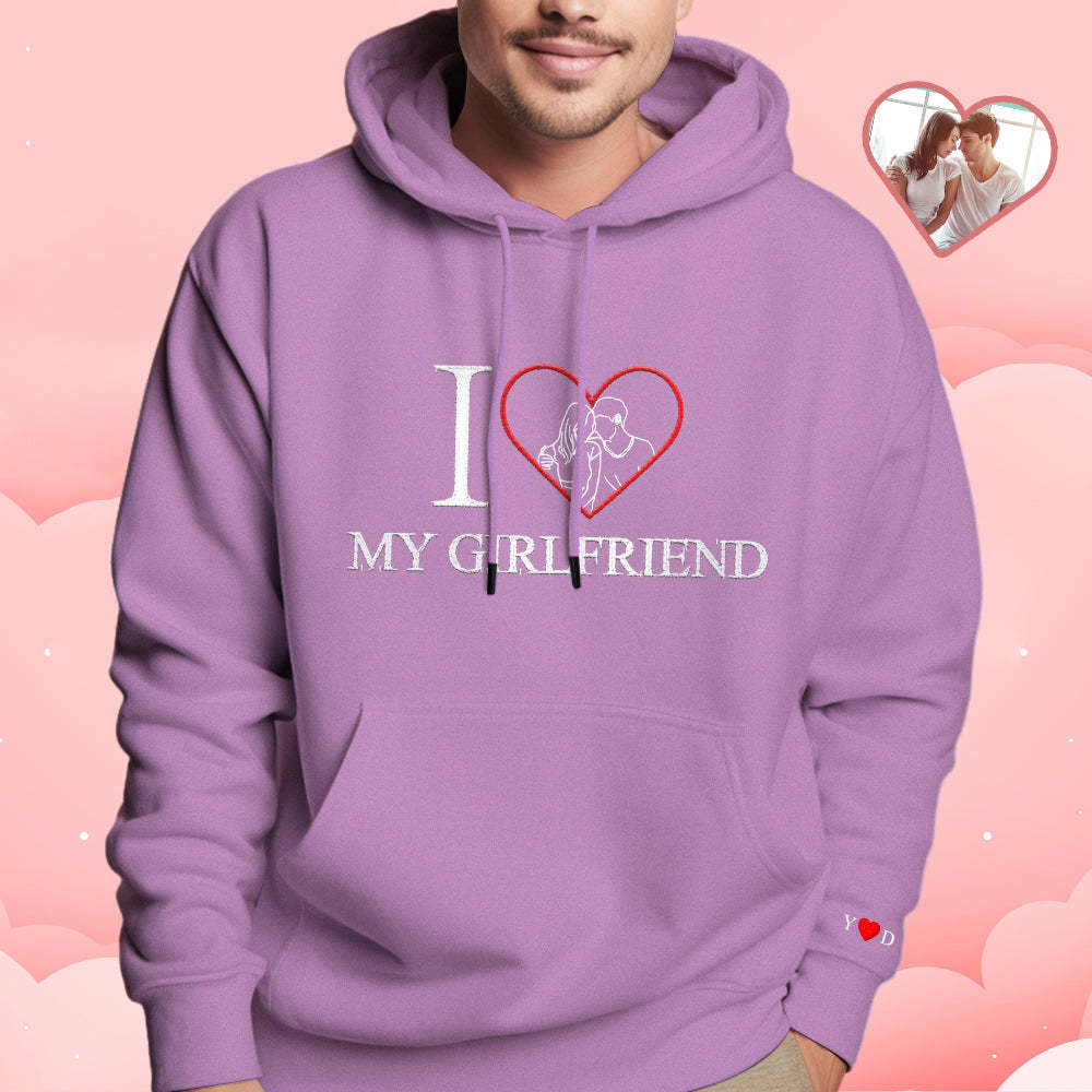 Personalized Embroidered Photo Outline Hoodie Red Heart Custom Picture Portrait Sweatshirt Valentine Gift - auphotoblanket