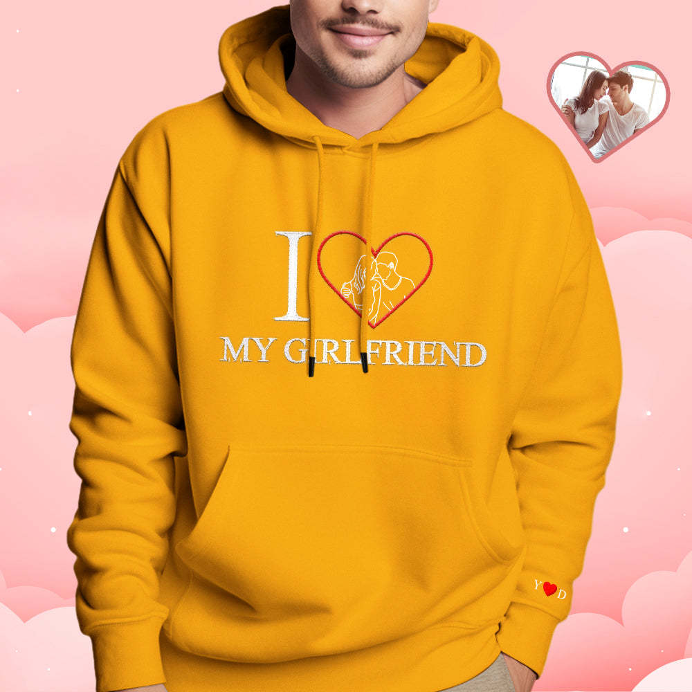 Personalized Embroidered Photo Outline Hoodie Red Heart Custom Picture Portrait Sweatshirt Valentine Gift - auphotoblanket