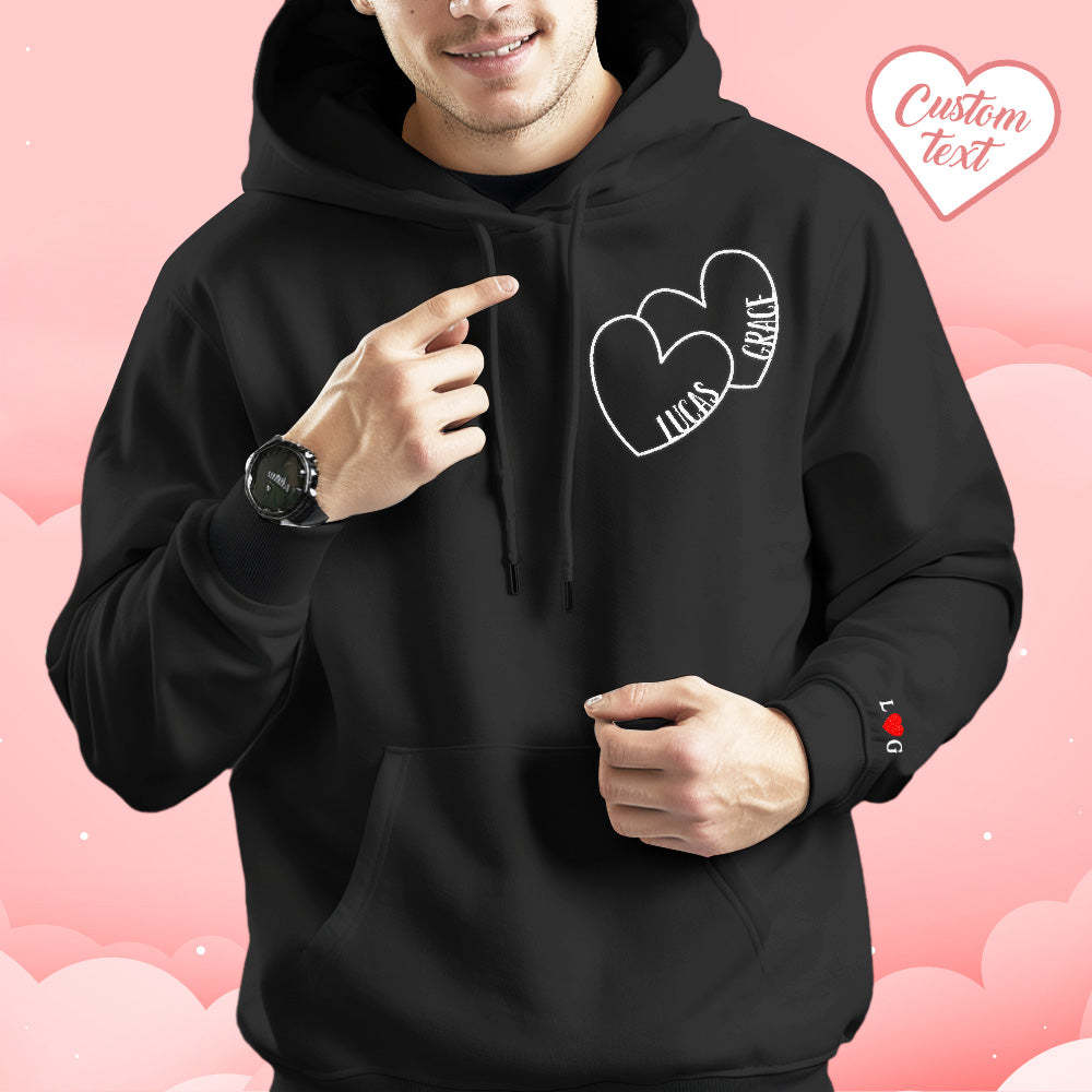 Custom Text Embroidered Hoodie Romantic Double Hearts Sweatshirt Valentine Gift - auphotoblanket