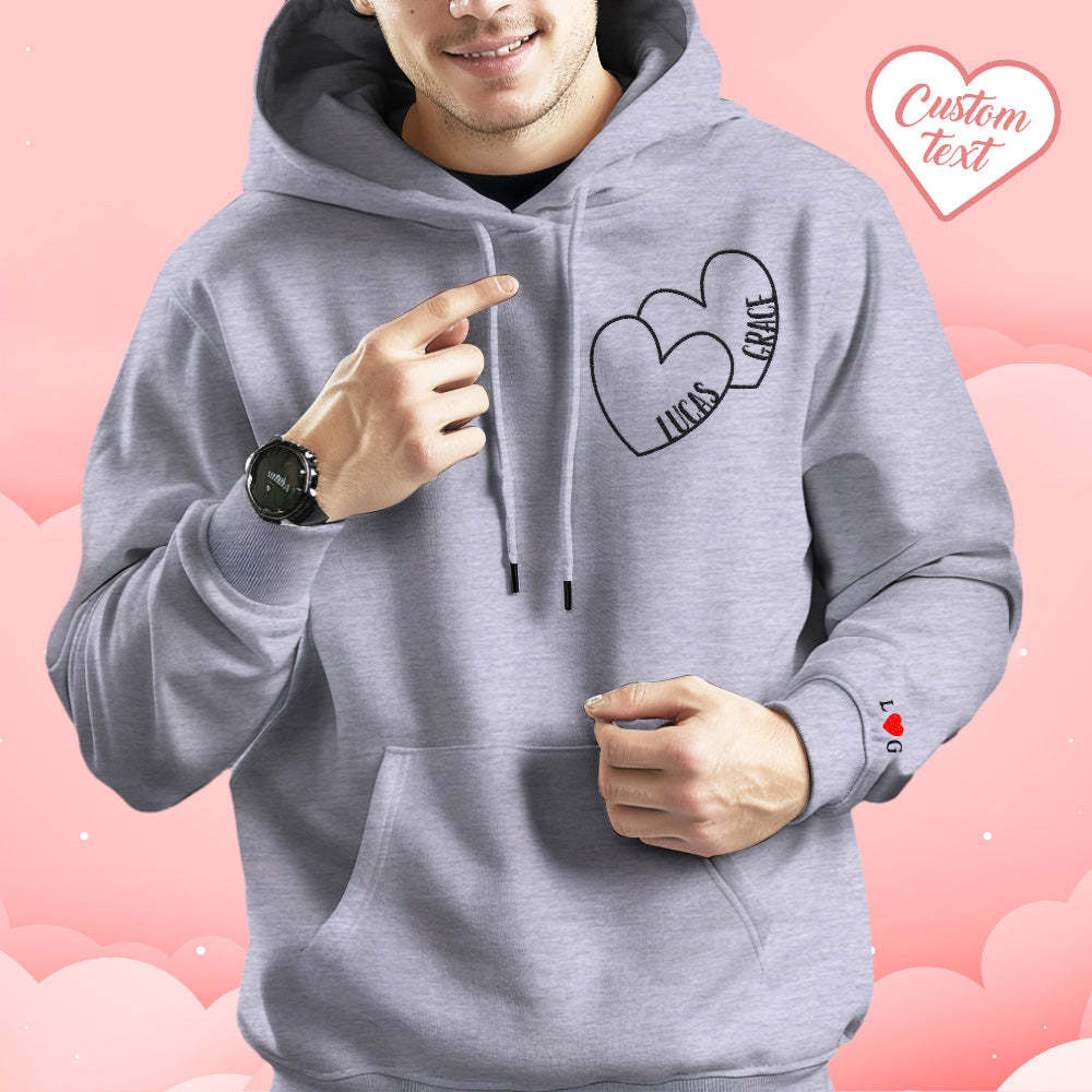 Custom Text Embroidered Hoodie Romantic Double Hearts Sweatshirt Valentine Gift - auphotoblanket