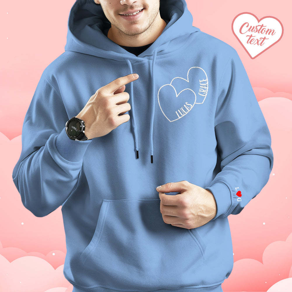 Custom Text Embroidered Hoodie Romantic Double Hearts Sweatshirt Valentine Gift - auphotoblanket