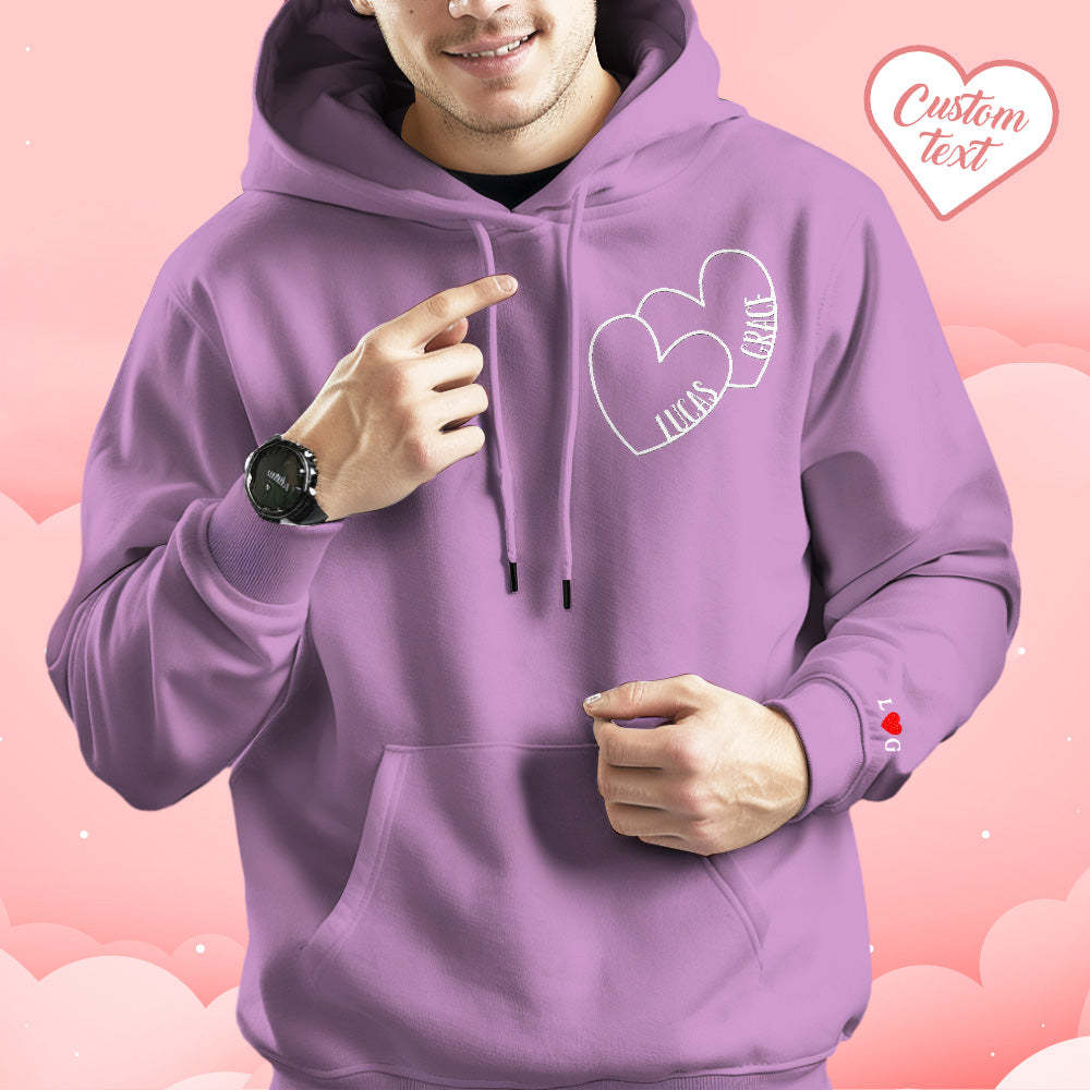 Custom Text Embroidered Hoodie Romantic Double Hearts Sweatshirt Valentine Gift - auphotoblanket