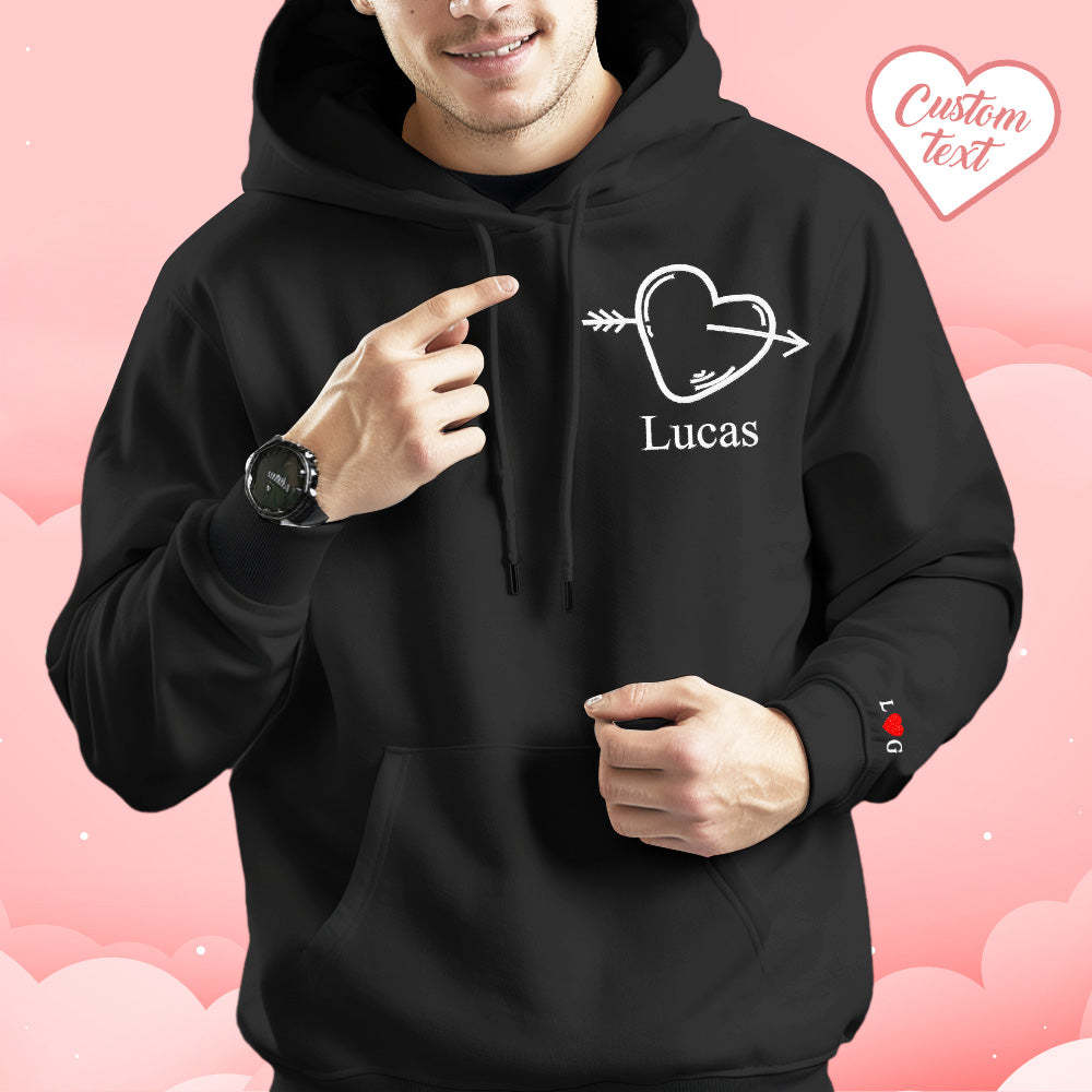 Custom Text Embroidered Hoodie Unique Heart Key And Lock Match Set Couple Sweatshirt - auphotoblanket