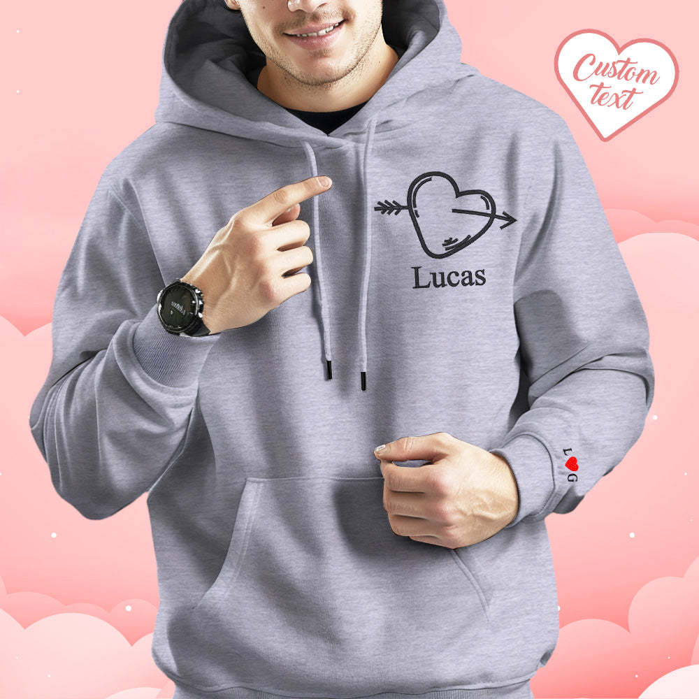 Custom Text Embroidered Hoodie Stylish Heart Key And Lock Set Sweatshirt Valentine Gift For Couples - auphotoblanket
