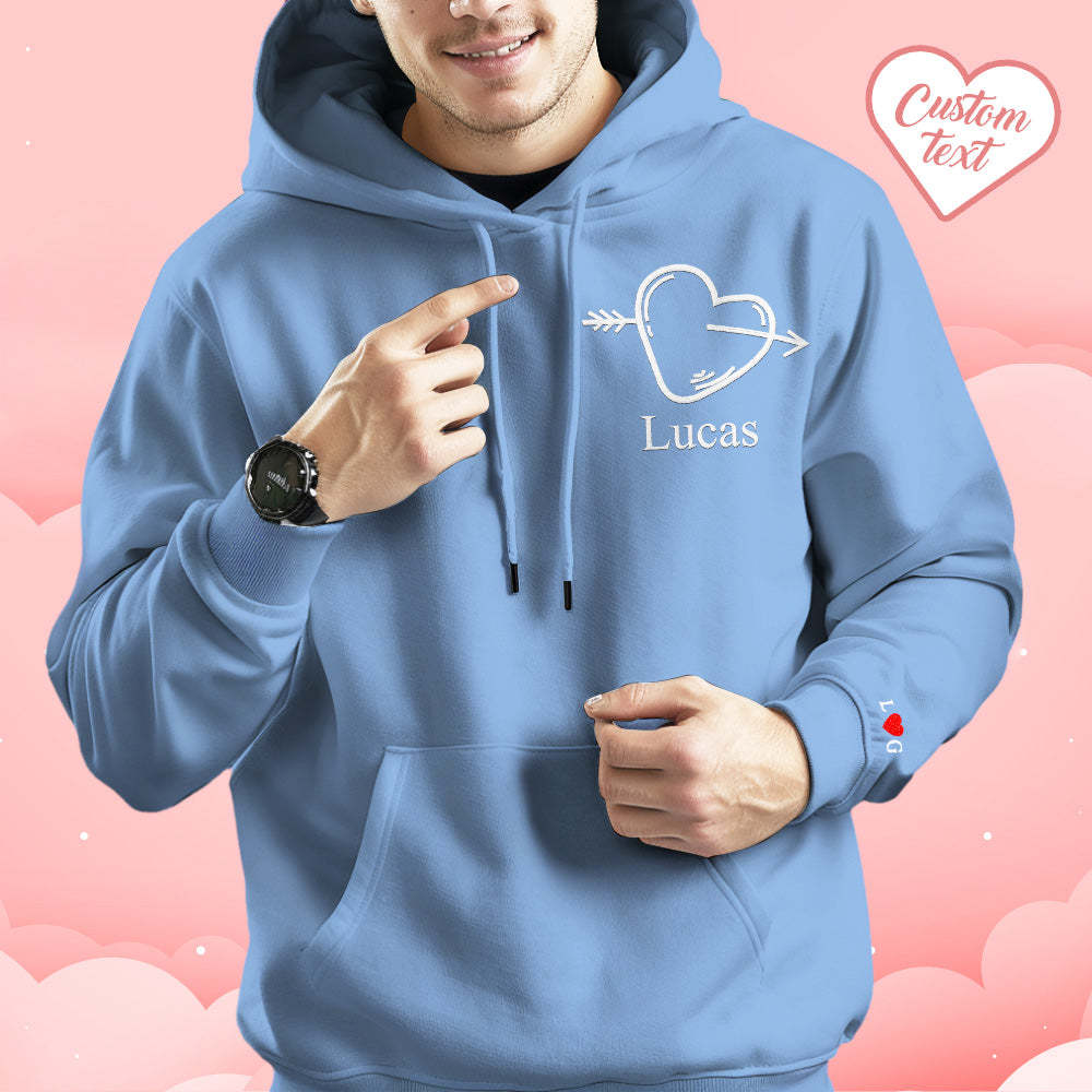 Custom Text Embroidered Hoodie Stylish Heart Key And Lock Set Sweatshirt Valentine Gift For Couples - auphotoblanket