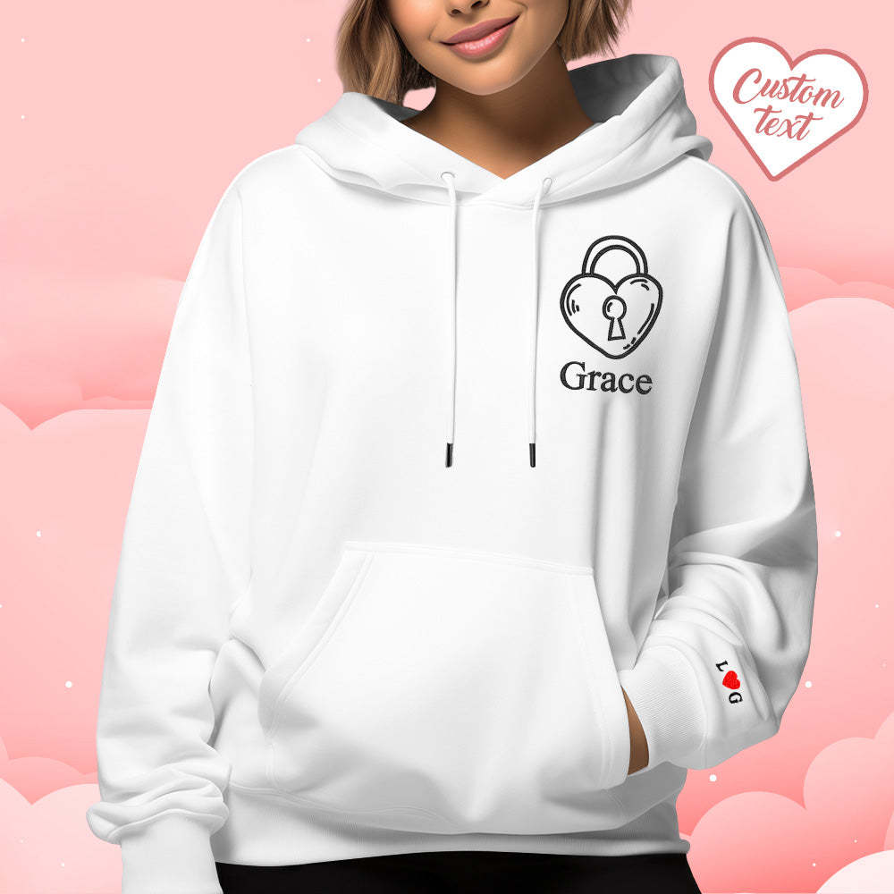 Custom Text Embroidered Hoodie Unique Heart Key And Lock Match Set Couple Sweatshirt - auphotoblanket