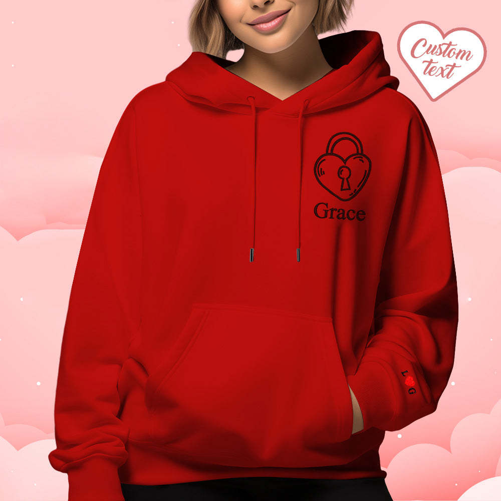 Custom Text Embroidered Hoodie Unique Heart Key And Lock Match Set Couple Sweatshirt - auphotoblanket