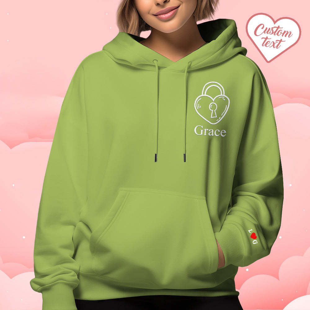 Custom Text Embroidered Hoodie Unique Heart Key And Lock Match Set Couple Sweatshirt - auphotoblanket