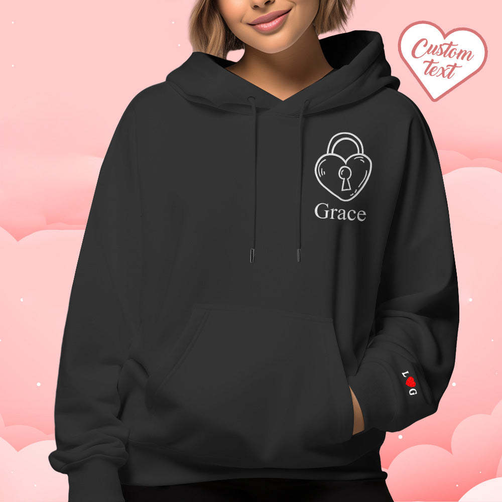 Custom Text Embroidered Hoodie Unique Heart Key And Lock Match Set Couple Sweatshirt - auphotoblanket