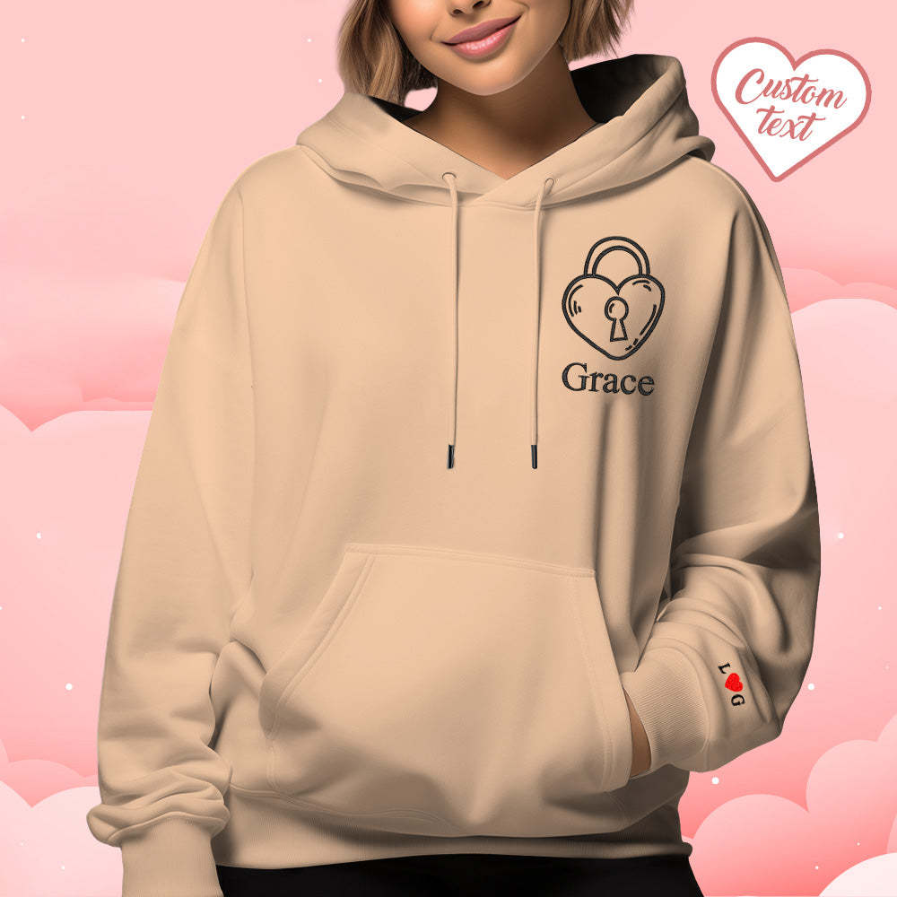 Custom Text Embroidered Hoodie Unique Heart Key And Lock Match Set Couple Sweatshirt - auphotoblanket