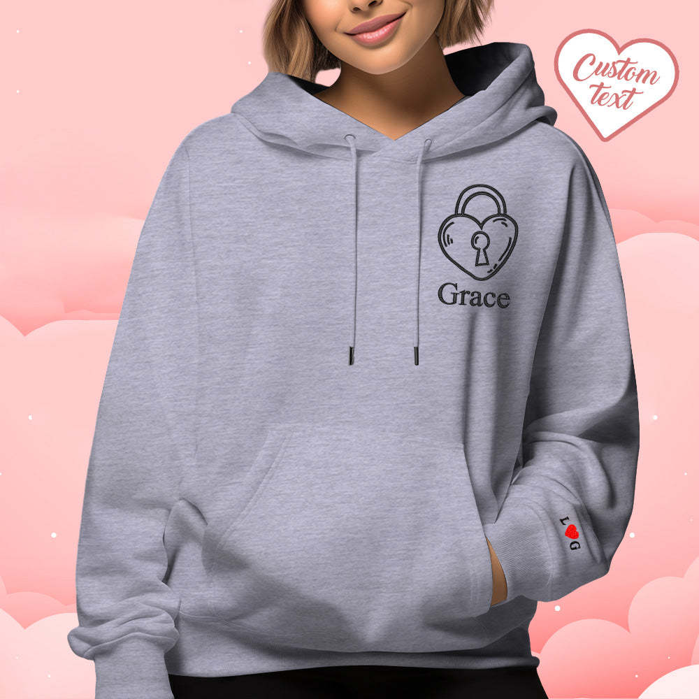 Custom Text Embroidered Hoodie Stylish Heart Key And Lock Set Sweatshirt Valentine Gift For Couples - auphotoblanket