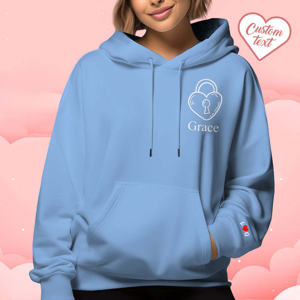 Custom Text Embroidered Hoodie Stylish Heart Key And Lock Set Sweatshirt Valentine Gift For Couples - auphotoblanket