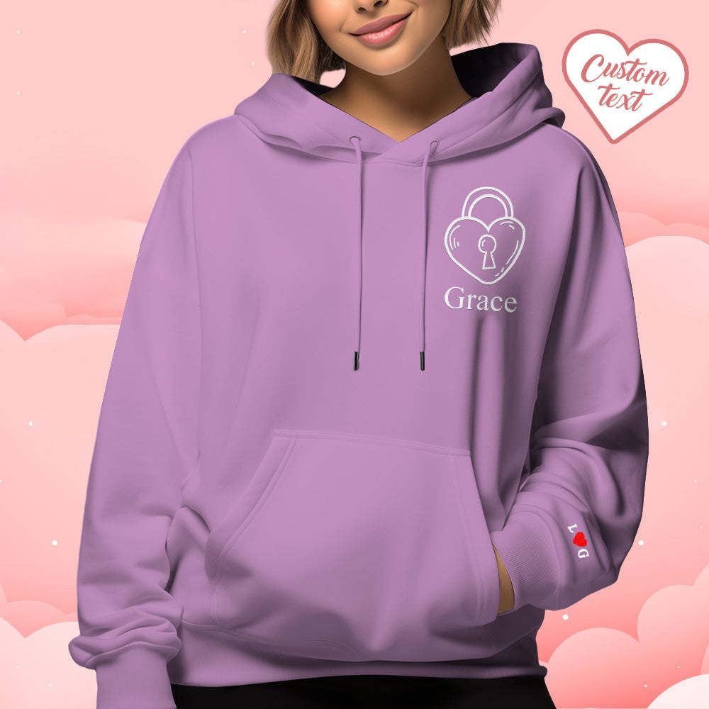 Custom Text Embroidered Hoodie Stylish Heart Key And Lock Set Sweatshirt Valentine Gift For Couples - auphotoblanket
