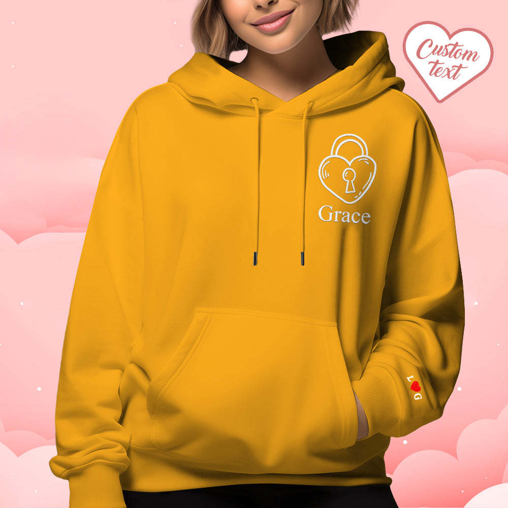 Custom Text Embroidered Hoodie Stylish Heart Key And Lock Set Sweatshirt Valentine Gift For Couples - auphotoblanket