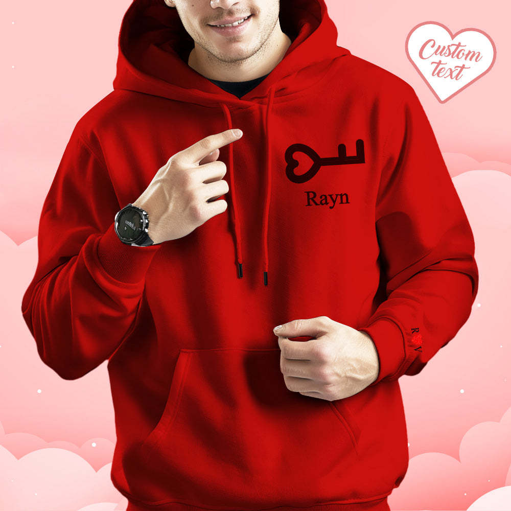 Personalized Text Embroidered Hoodie Meaningful Heart Key And Lock Set Couple Sweatshirt - auphotoblanket