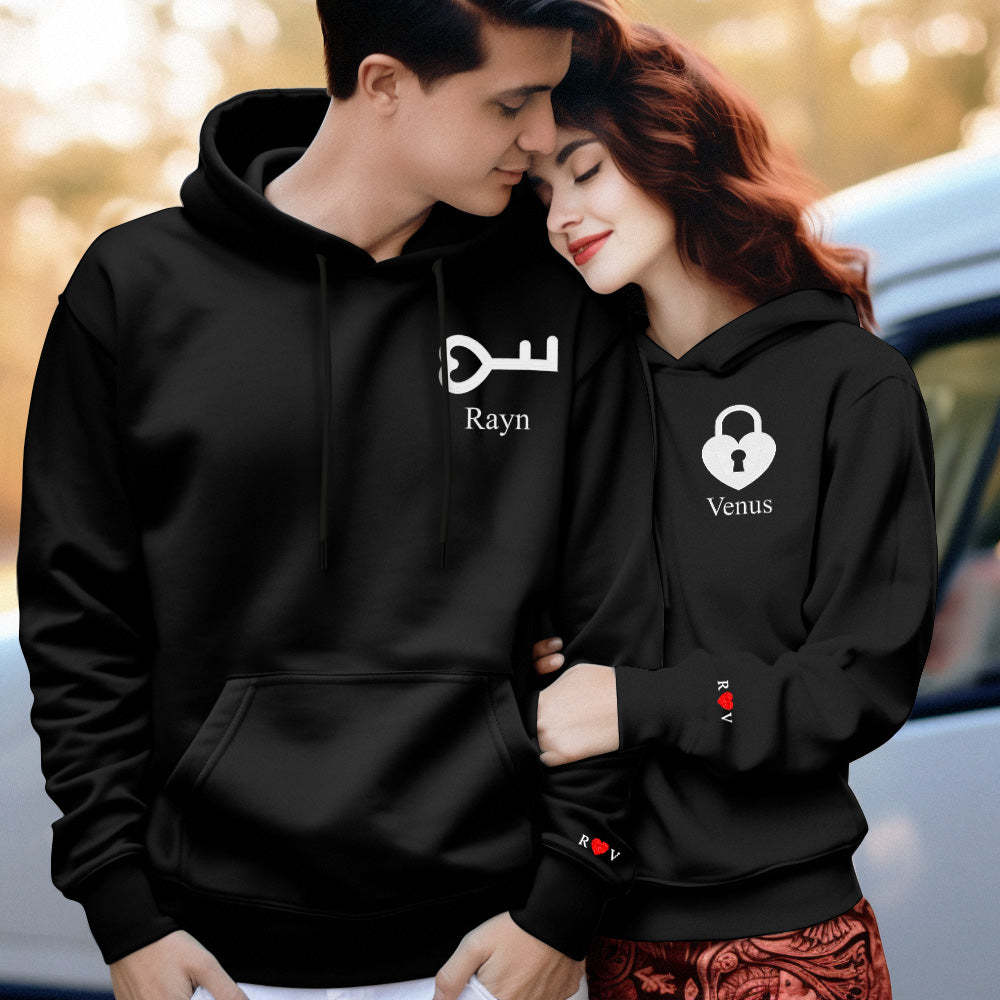Personalized Text Embroidered Hoodie Meaningful Heart Key And Lock Set Couple Sweatshirt - auphotoblanket
