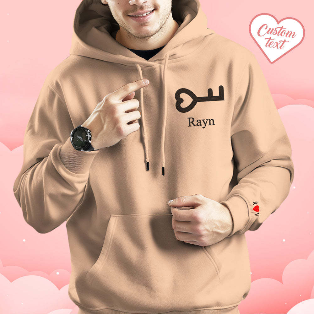 Personalized Text Embroidered Hoodie Meaningful Heart Key And Lock Set Couple Sweatshirt - auphotoblanket